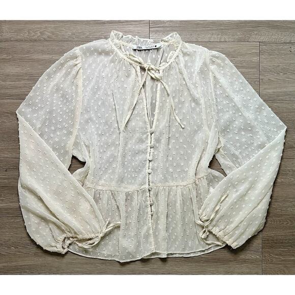 ZARA Woman Sheer Dobby Dot Blouse Long Sleeve Peasant Top Ivory White Size L - Picture 3 of 9